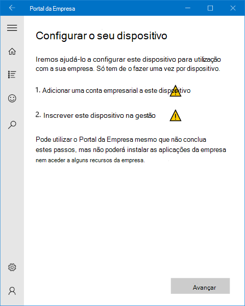 Uma imagem da página de configuração do aplicativo de Portal da Empresa do Windows 10, que avisa ao usuário que ele precisa adicionar uma conta corporativa ao dispositivo para poder registrá-lo no gerenciamento.