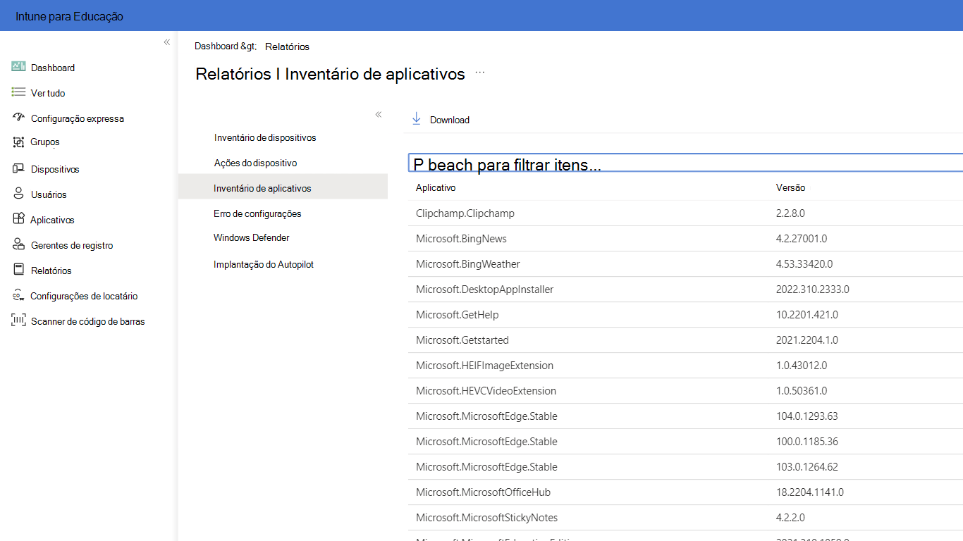 Opções de relatórios disponíveis no Intune para Educação ao selecionar o painel de relatórios