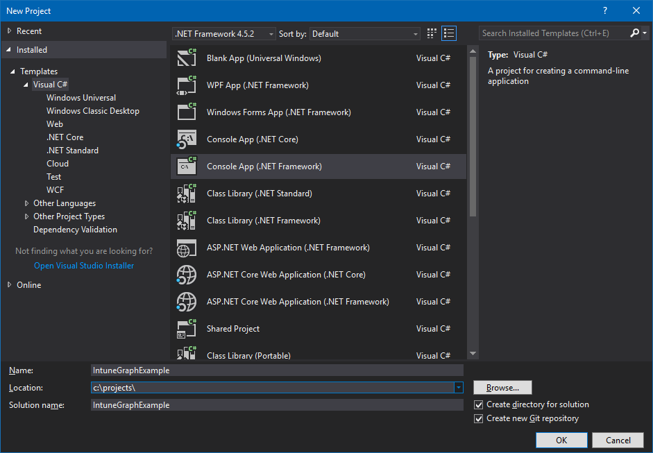 Criar um projeto de aplicação de consola C# no Visual Studio