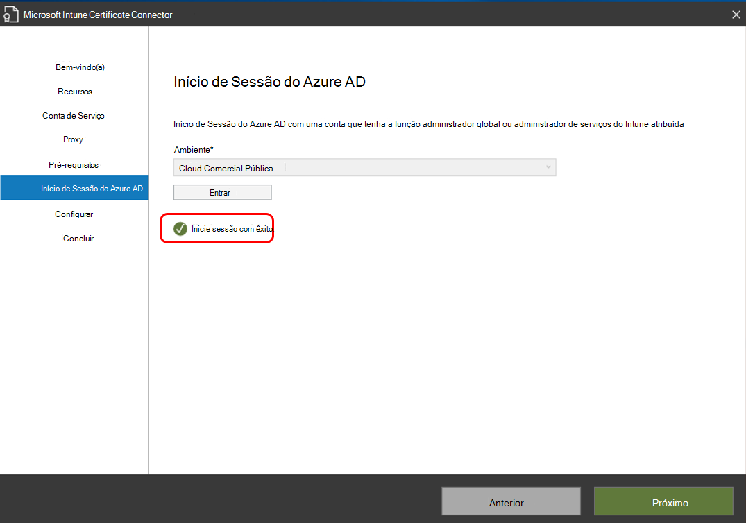 Inicie sessão com êxito no Microsoft Entra ID.