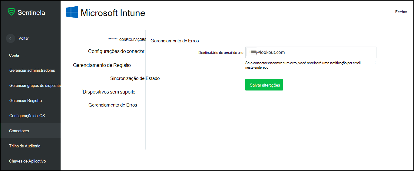 captura de tela da página de gerenciamento de erro do conector do Intune