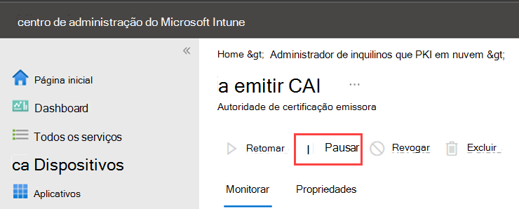 Captura de ecrã de exemplo a realçar a ação Pausa para Cloud PKI.