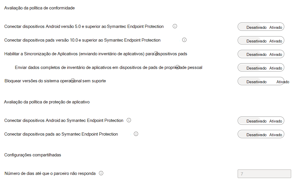 Exemplo de captura de ecrã que mostra as Definições de Política de Conformidade de MDM para o conector MDT.