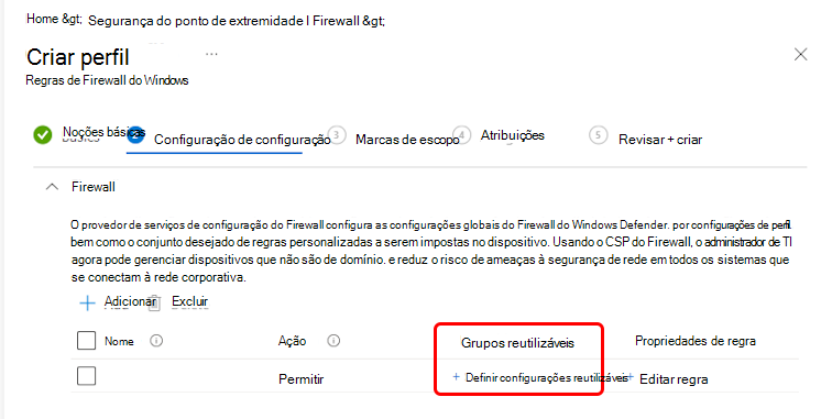 Captura de ecrã do fluxo de trabalho Definições de configuração para configurar um grupo reutilizável.