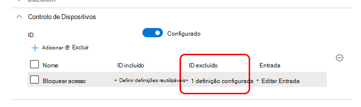 Captura de ecrã que mostra o resultado da seleção de um grupo apenas para um ID excluído.