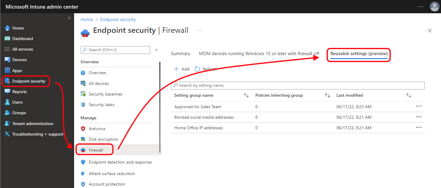 Captura de ecrã a mostrar o separador Definições reutilizáveis para Políticas de firewall no centro de administração do Microsoft Intune.