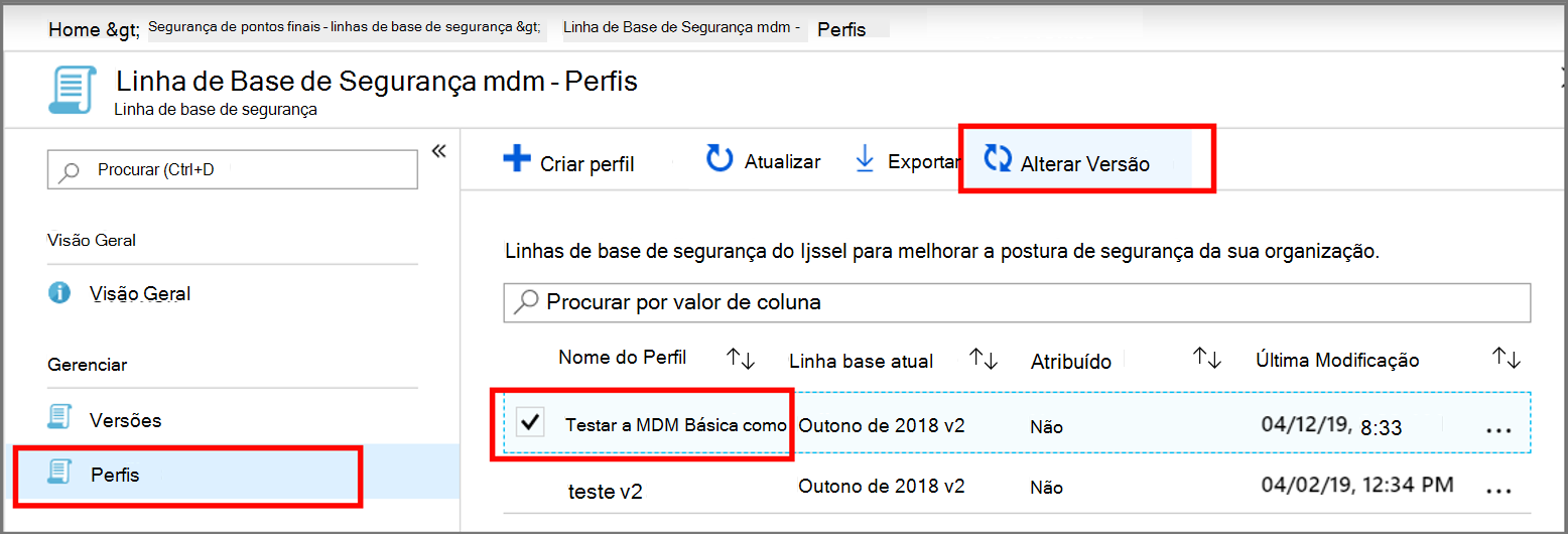 Captura de ecrã que mostra a seleção de uma linha de base.