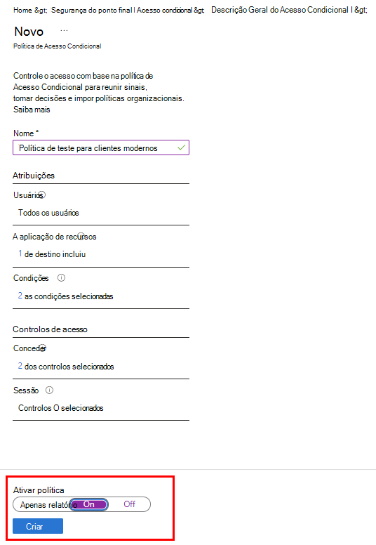 Para ativar a política, defina o controlo de deslize Ativar política como Ativado.