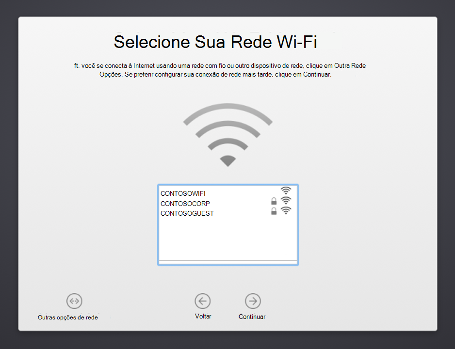 Captura de ecrã a mostrar o Assistente de Configuração do dispositivo macOS Selecione a sua Wi-Fi Ecrã de rede, com uma lista de redes disponíveis à escolha. Também mostra o botão Outras Opções de Rede, o botão Anterior e o botão Continuar.