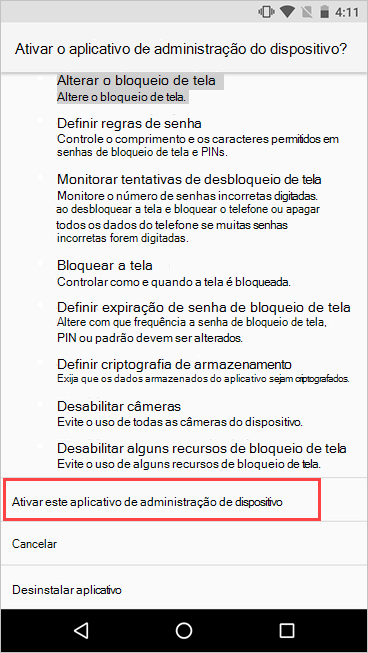 Imagem de exemplo do ecrã Ativar administrador de dispositivos, a realçar o botão ativar.