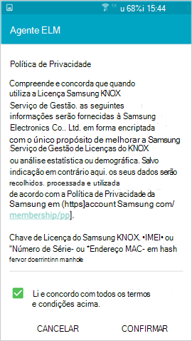 Imagem de exemplo do ecrã da política de privacidade do Samsung Knox que aparece durante a inscrição.