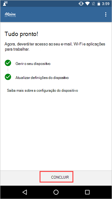 Imagem de exemplo do Portal da Empresa, ecrã Configuração do Acesso da Empresa, a mostrar a configuração concluída e a realçar o botão Concluído.