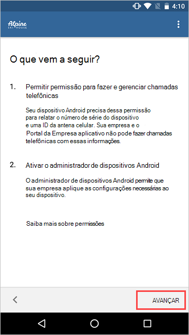 Imagem de exemplo de Portal da Empresa, ecrã O que vem a seguir, a realçar o botão Seguinte.