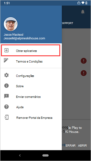 Captura de ecrã do menu Portal da Empresa, a realçar a ligação Obter Aplicações.