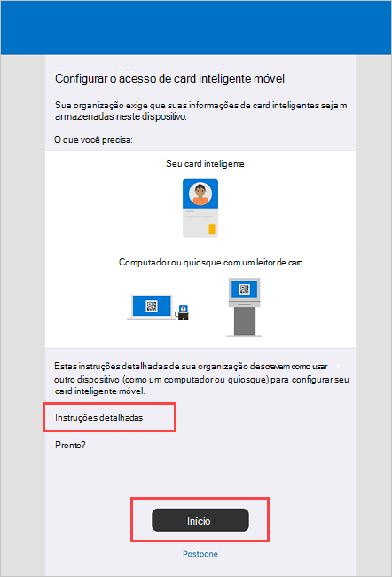 Captura de ecrã de exemplo do Portal da Empresa ecrã Configurar acesso inteligente card móvel.