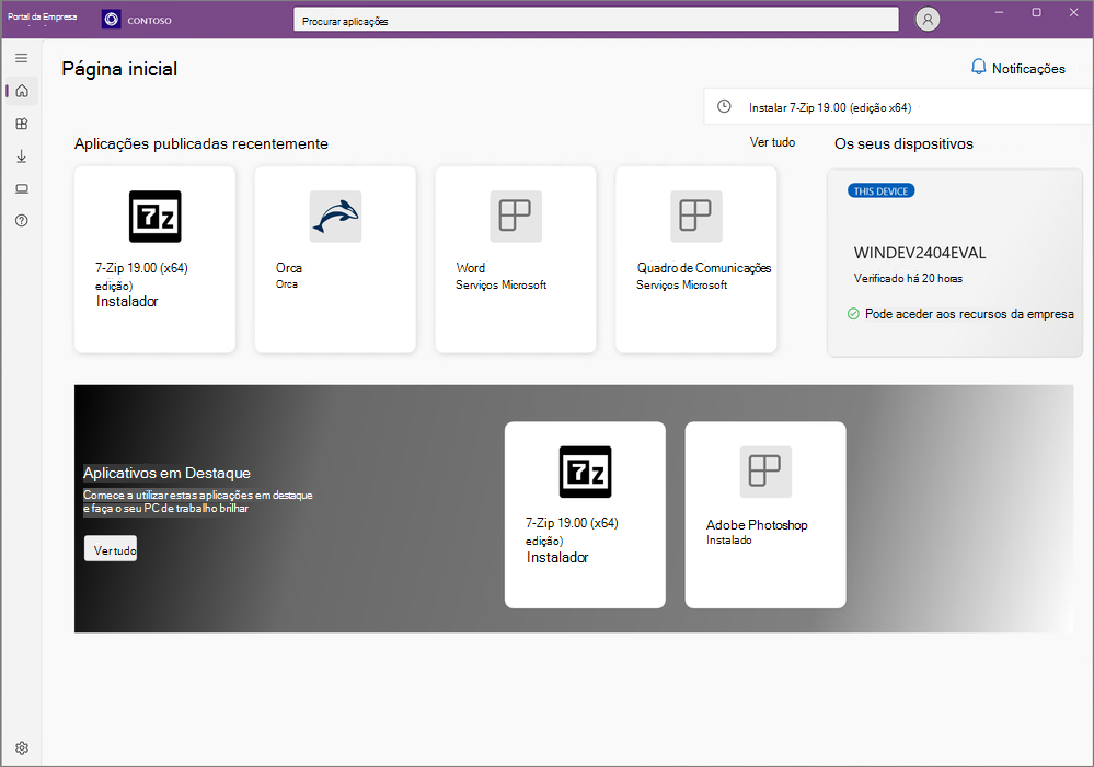 Captura de ecrã da Home page com notificações na aplicação Portal da Empresa para Windows.