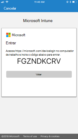 São fornecidas instruções para aceder à https://microsoft.com/devicelogin página, com um código de acesso exclusivo, a partir do computador de trabalho e, em seguida, para utilizar o código para iniciar sessão.