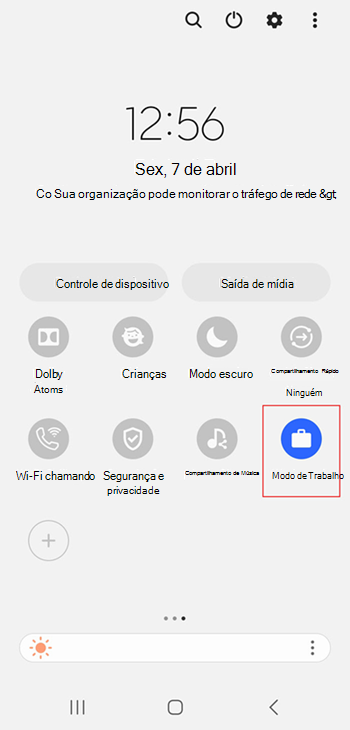 Captura de ecrã do ícone de perfil de trabalho ativado nas definições rápidas do Samsung Galaxy S20.