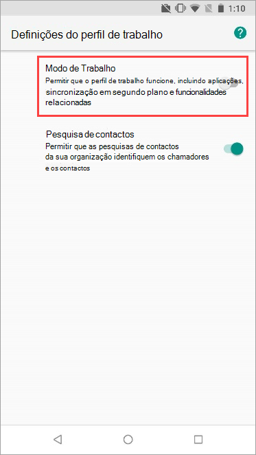 Captura de ecrã do botão de alternar Perfil de trabalho ativado nas definições do dispositivo Nexus 5X.