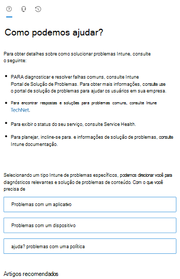 Captura de ecrã que mostra as opções de cenário no centro de administração do Intune.