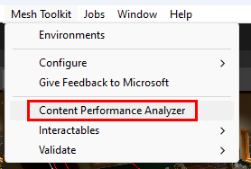 Acessando o Content Performance Analyzer por meio do menu do Unity