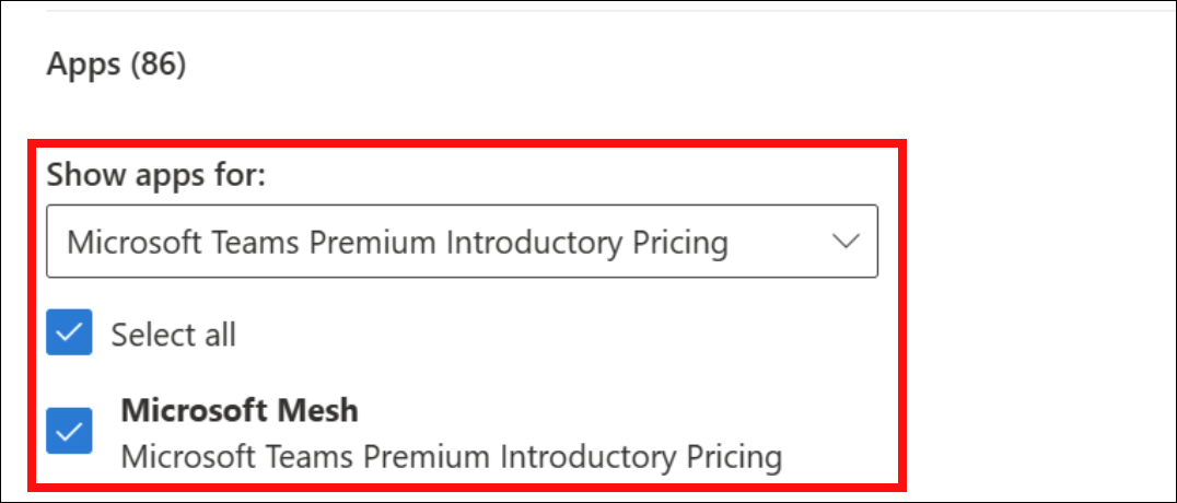 Captura de tela do menu suspenso de aplicativos mostrando o Microsoft Teams Premium.