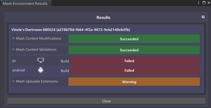 Uma captura de tela da janela de resultados de build e upload com o indicador de build mostrando falha.