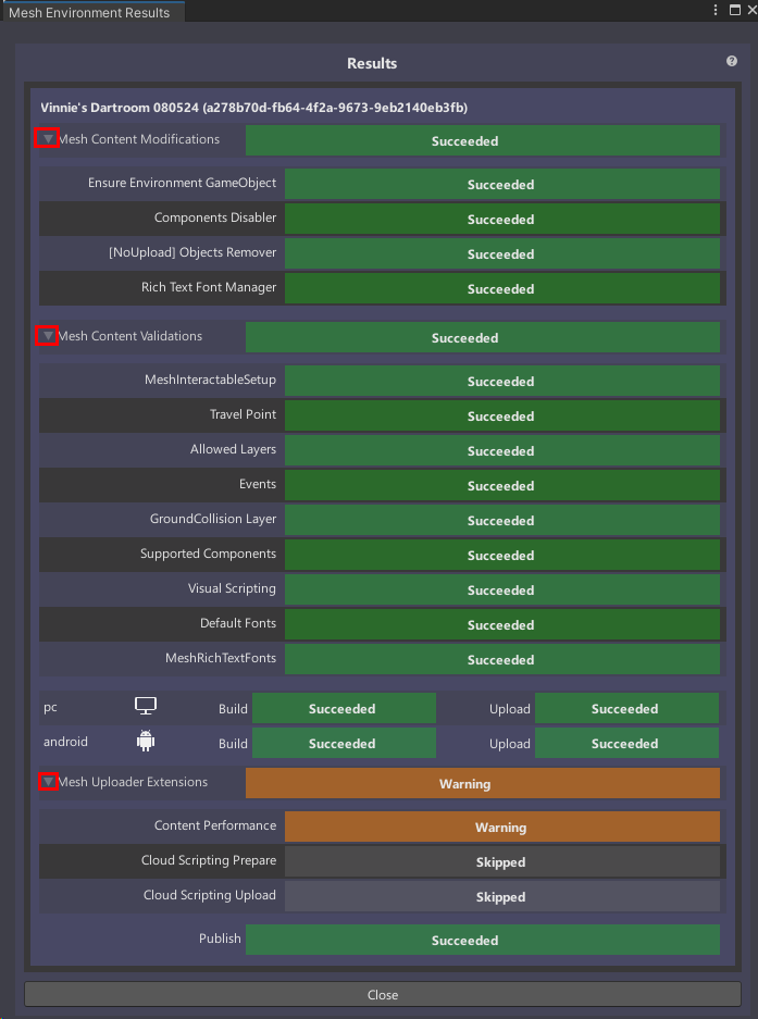 Uma captura de tela da janela de resultados Criar e Carregar com seções expandidas e todos os detalhes exibidos.