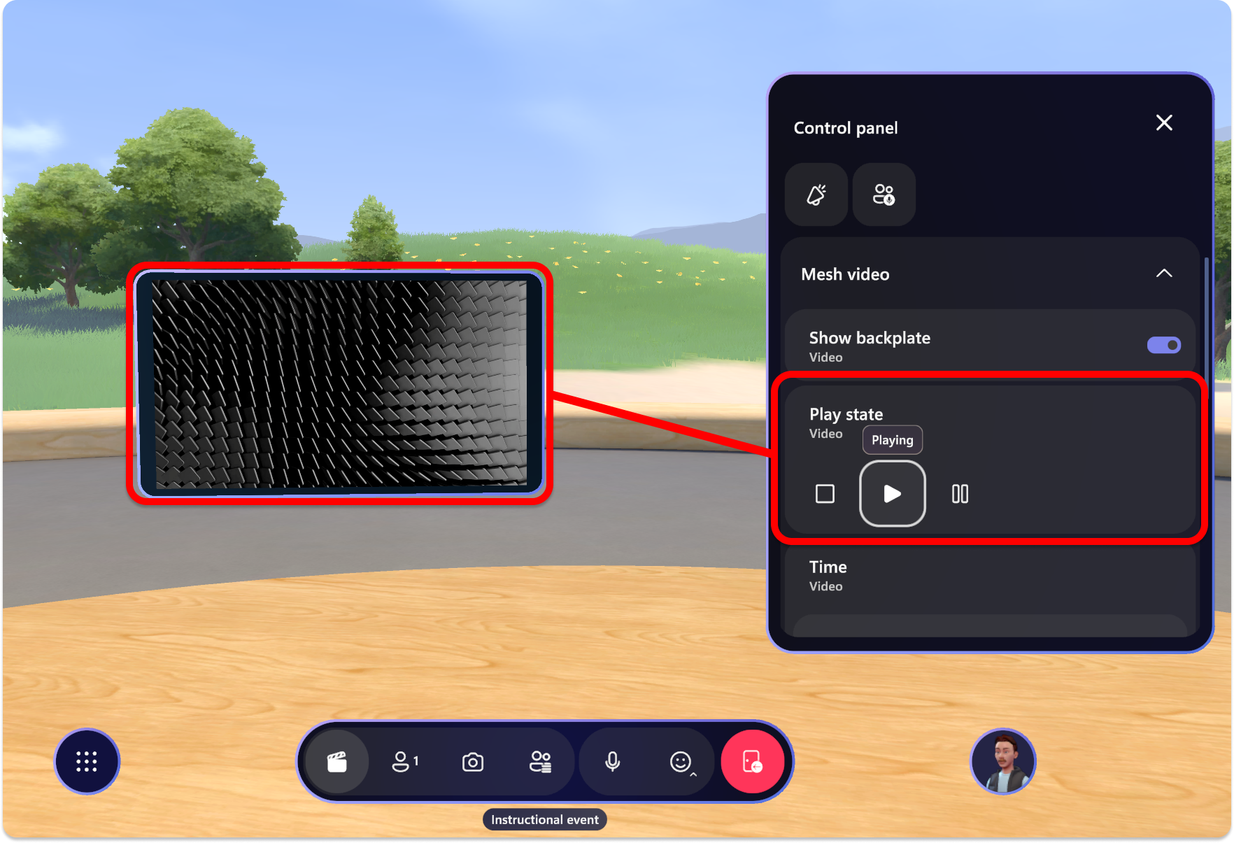 Captura de tela do aplicativo Mesh, o painel de controle reproduzindo um objeto de vídeo.