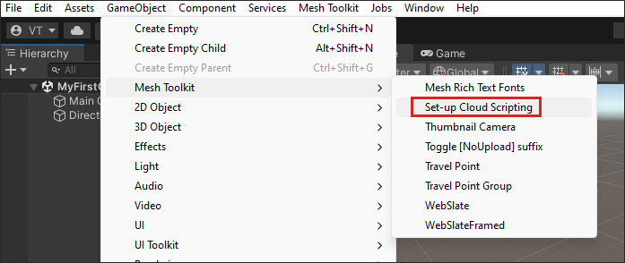 Captura de tela do item de menu Configurar Cloud Scripting.