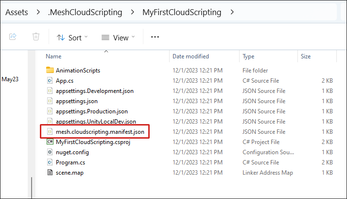 Uma captura de tela do Windows Explorer com o arquivo json de manifesto de cloudscripting de malha realçado.