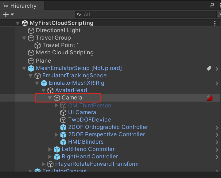 Uma captura de tela do Cubo colocado como filho no Mesh Cloud Scripting.