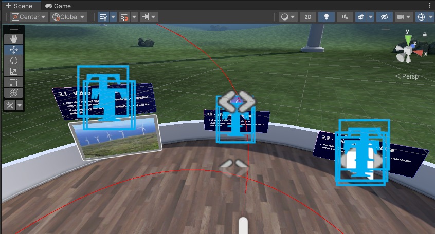 Uma captura de tela da visualização Cena com gizmos e ícones bagunçando a visualização.