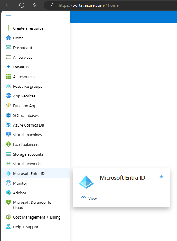 Captura de tela do portal do Azure mostrando a ideia do Entra selecionada na lista de recursos.