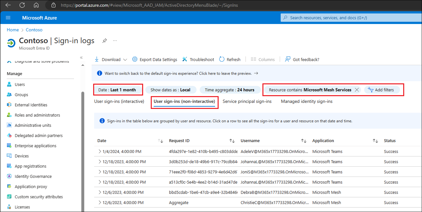 Captura de tela da página de entradas do usuário no portal do Azure mostrando a data dos filtros, entradas do usuário não interativas, serviço de malha realçado.