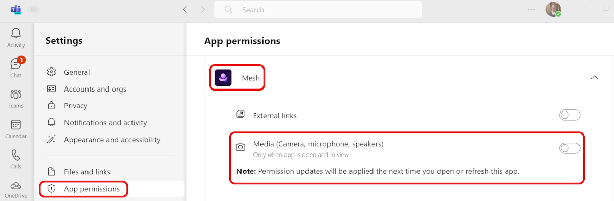 a caixa de diálogo Permissões do aplicativo Mesh nas configurações do Teams
