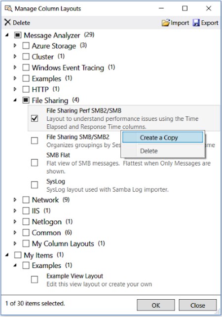 Manage Column Layouts dialog