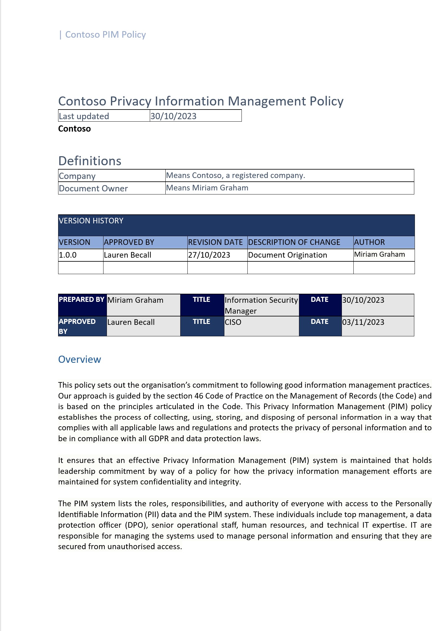 Documento de política de gestão de informações de privacidade.