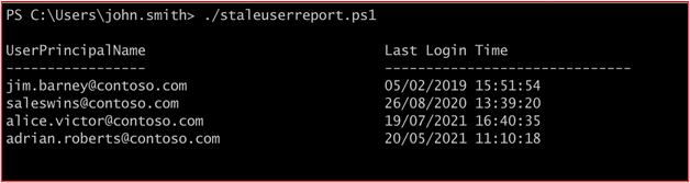 captura de ecrã a mostrar o resultado do script que é executado trimestralmente para ver o último atributo de início de sessão para os utilizadores no Microsoft Entra ID.