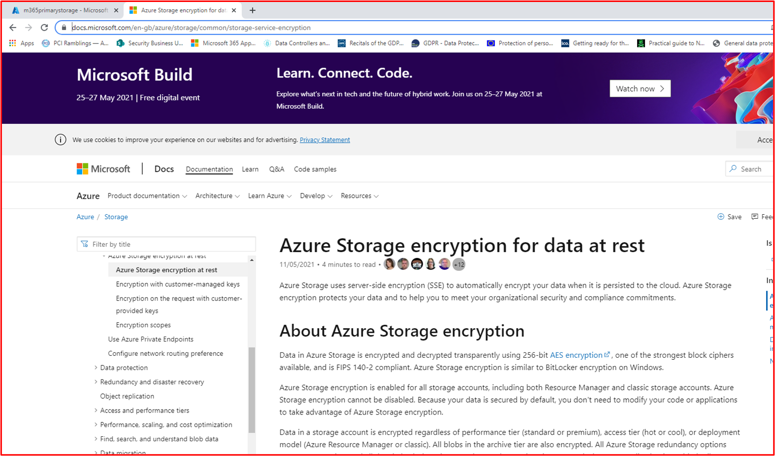 captura de ecrã a mostrar que o Armazenamento do Azure utiliza AES-256 para encriptação