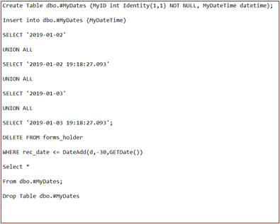 Captura de ecrã do script que pode ser utilizado para eliminar todos os registos de dados retidos com base na data