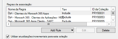 Uma captura de ecrã de Configuration Manager a mostrar o assistente para incluir e excluir coleções com coleções criadas anteriormente.