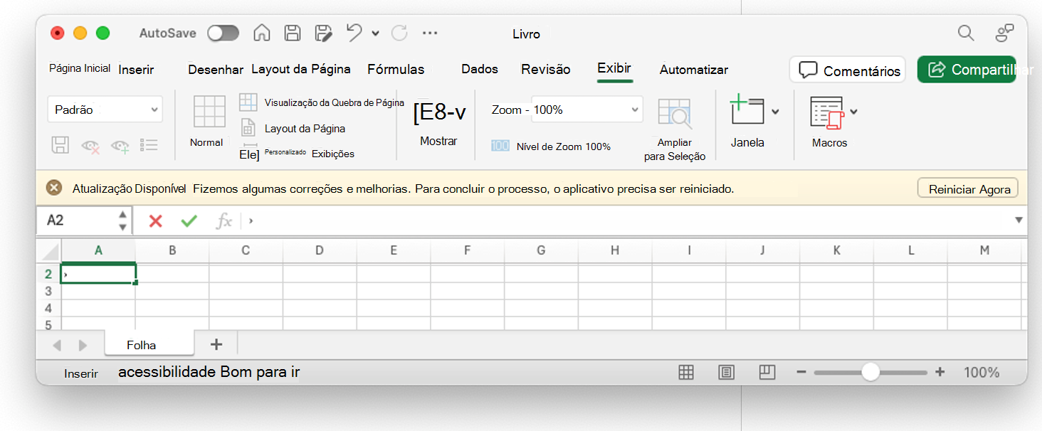 Interface do Microsoft Excel a apresentar uma notificação de 