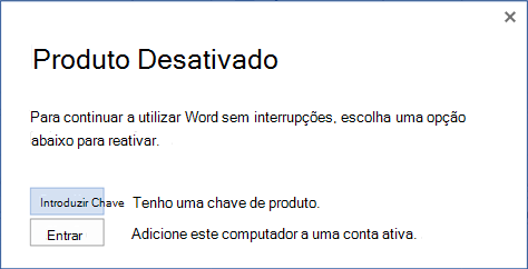 Captura de ecrã do pedido de desativação do produto com opções para introduzir uma chave de produto ou iniciar sessão numa conta ativa.