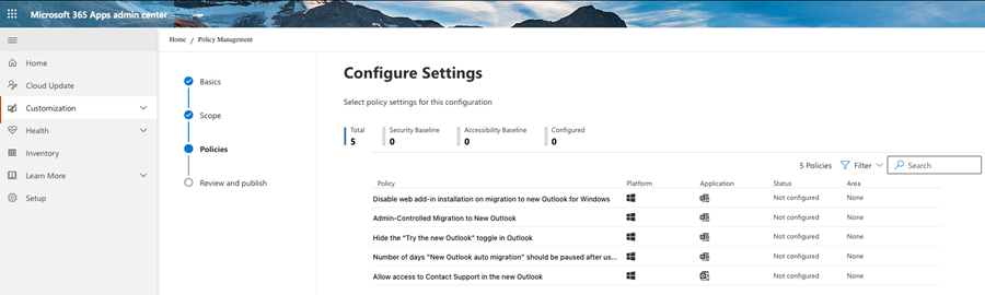 Captura de ecrã da página Configurar Definições no centro de administração do Microsoft 365 Apps. Mostra o processo de gestão de políticas com passos para Básico, Âmbito, Políticas e Rever e publicar. A secção Políticas lista cinco políticas relacionadas com o novo Outlook, incluindo as respetivas plataformas, aplicações e status, todas marcadas como Não configuradas.