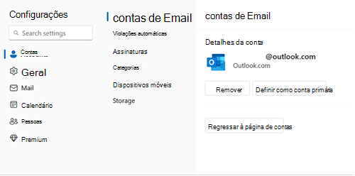 Captura de ecrã que mostra como alterar a conta primária nas Definições das contas Email.