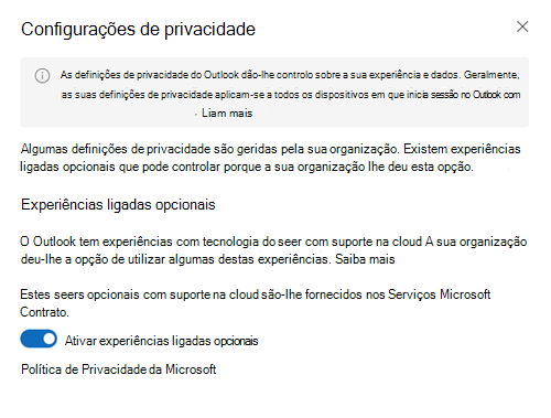 Captura de ecrã que mostra como ativar as experiências ligadas opcionais nas definições de privacidade.