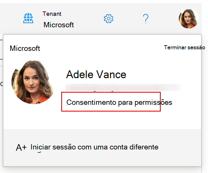 Captura de ecrã da lista de opções do perfil de utilizador no Graph Explorer