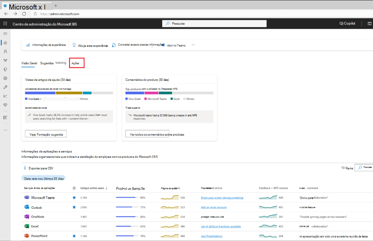 Informações de experiência dashboard com o separador Ações realçado. Junto ao separador Preparação sugerida junto à parte superior da página.