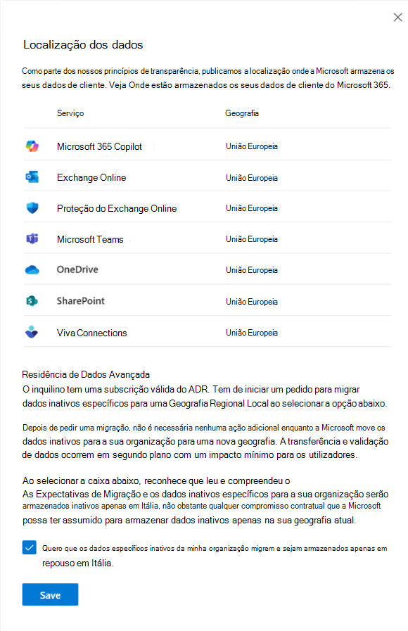 Captura de tela da Exibição do Local dos Dados Antes da Migração.